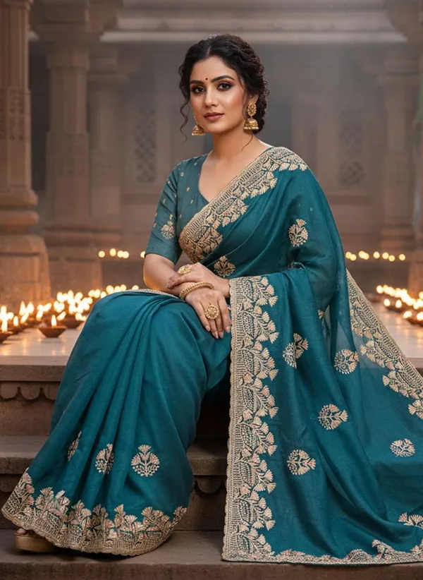 Dark_Green_Georgette_Embroidered_Embellished_Saree_For_Women_|_With_Blouse_Piece