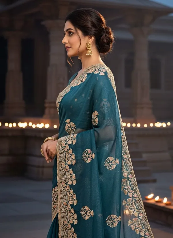Dark_Green_Georgette_Embroidered_Embellished_Saree_For_Women_|_With_Blouse_Piece