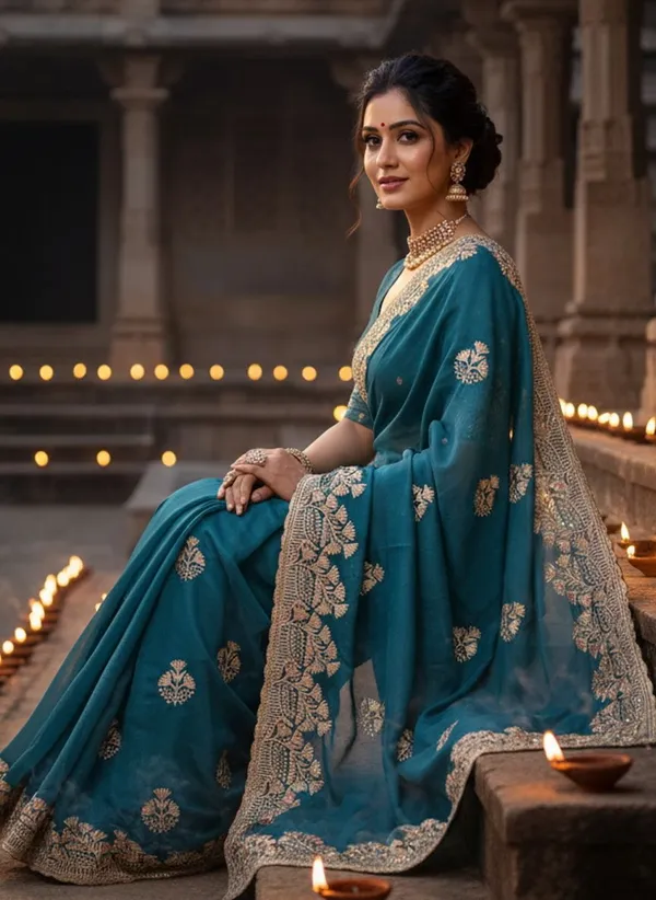 Dark_Green_Georgette_Embroidered_Embellished_Saree_For_Women_|_With_Blouse_Piece