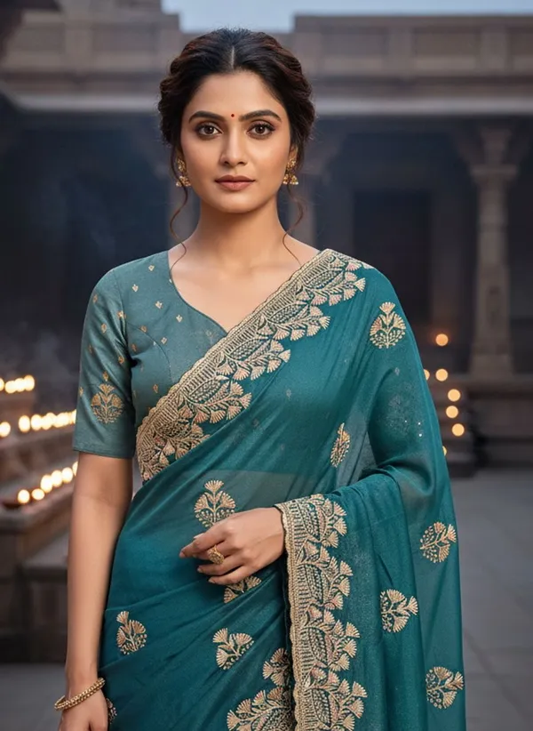Dark_Green_Georgette_Embroidered_Embellished_Saree_For_Women_|_With_Blouse_Piece