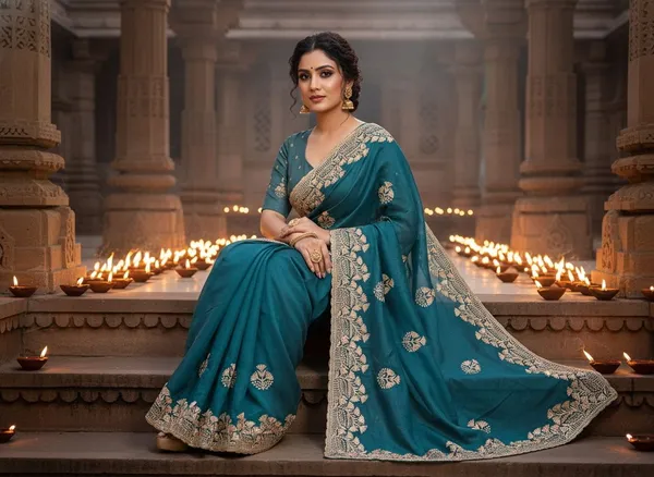 Dark_Green_Georgette_Embroidered_Embellished_Saree_For_Women_|_With_Blouse_Piece