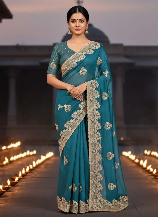 Dark_Green_Georgette_Embroidered_Embellished_Saree_For_Women_|_With_Blouse_Piece