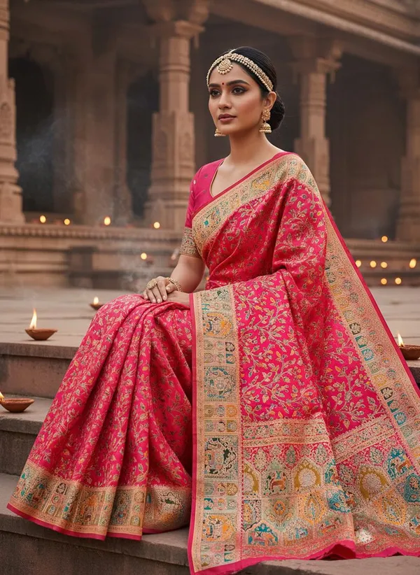 Pink_Semi_Pashmina_Banarasi_Jacquard_Woven_Zari_Saree_For_Women_|_With_Blouse_Piece
