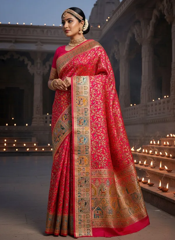 Pink_Semi_Pashmina_Banarasi_Jacquard_Woven_Zari_Saree_For_Women_|_With_Blouse_Piece