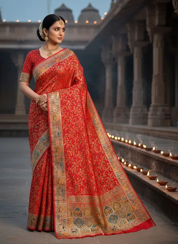 Red_Semi_Pashmina_Banarasi_Jacquard_Woven_Saree_For_Women_|_With_Blouse_Piece