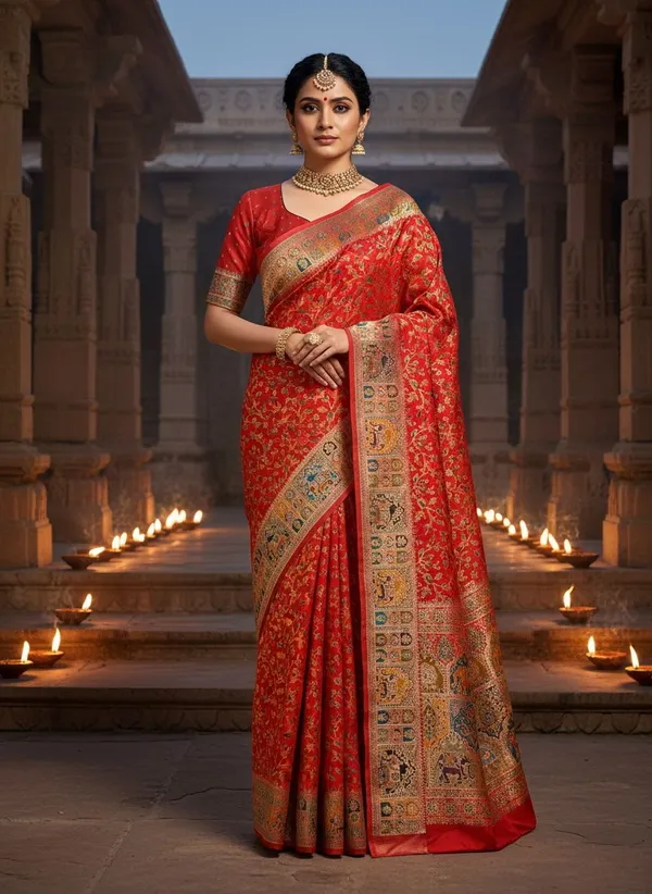 Red_Semi_Pashmina_Banarasi_Jacquard_Woven_Saree_For_Women_|_With_Blouse_Piece