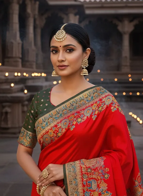 Red_Semi_Pashmina_Jacquard_Woven_Saree_For_Women_|_With_Blouse_Piece