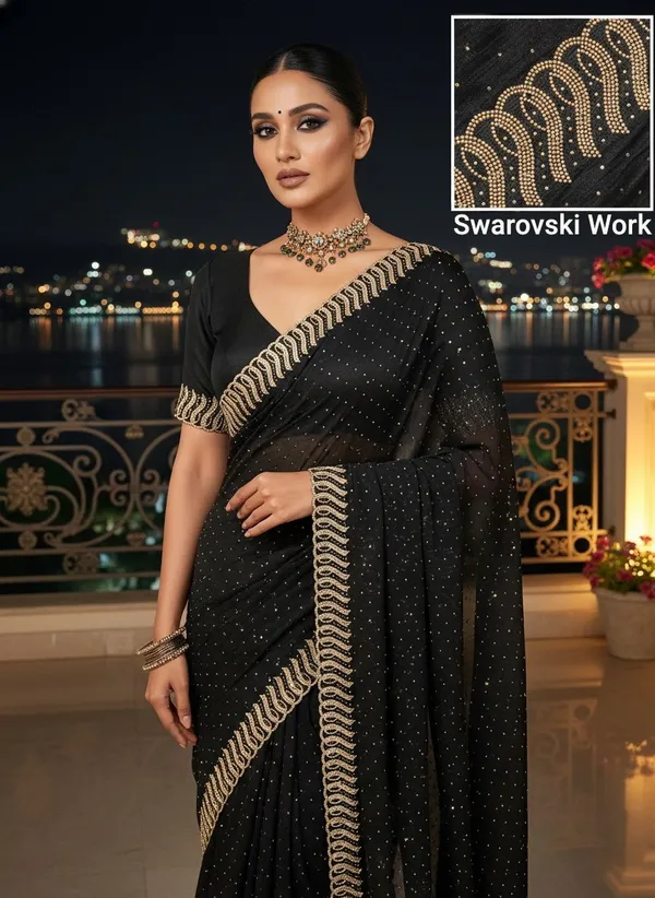 Black_Georgette_Swarovski_Embellished_Bollywood_Saree_For_Women_|_With_Blouse_Piece