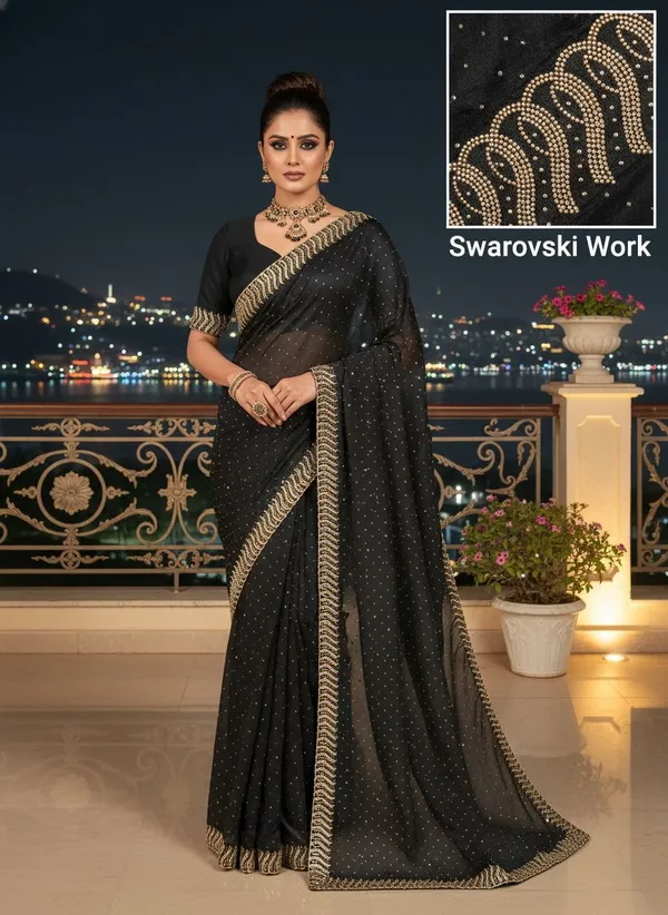 Black_Georgette_Swarovski_Embellished_Bollywood_Saree_For_Women_|_With_Blouse_Piece