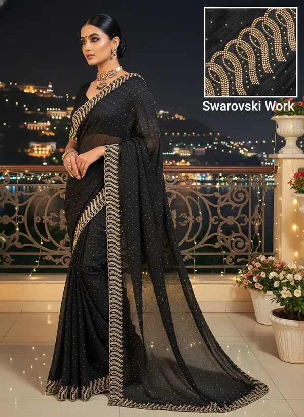Black_Georgette_Swarovski_Embellished_Bollywood_Saree_For_Women_|_With_Blouse_Piece