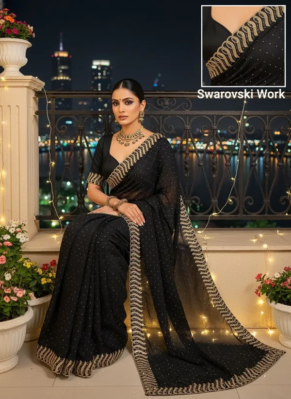 Black_Georgette_Swarovski_Embellished_Bollywood_Saree_For_Women_|_With_Blouse_Piece