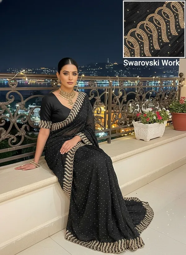 Black_Georgette_Swarovski_Embellished_Bollywood_Saree_For_Women_|_With_Blouse_Piece