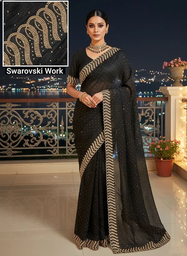 Black_Georgette_Swarovski_Embellished_Bollywood_Saree_For_Women_|_With_Blouse_Piece