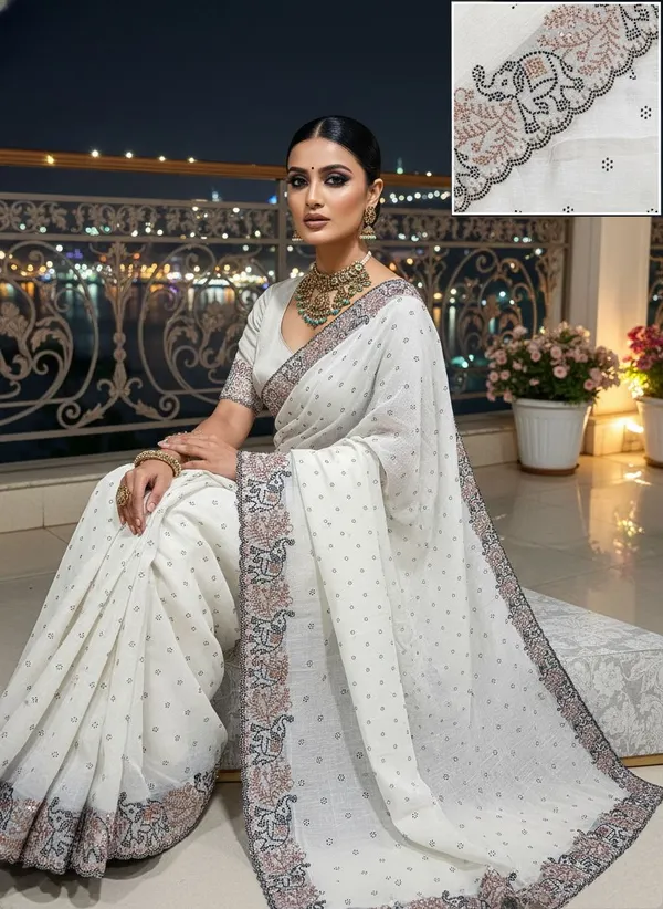 White_Georgette_Swarovski_Embellished_Bollywood_Saree_For_Women_|_With_Blouse_Piece