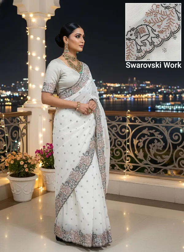 White_Georgette_Swarovski_Embellished_Bollywood_Saree_For_Women_|_With_Blouse_Piece