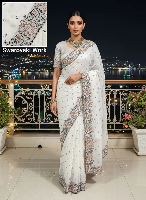 White_Georgette_Swarovski_Embellished_Bollywood_Saree_For_Women_|_With_Blouse_Piece