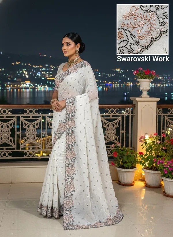 White_Georgette_Swarovski_Embellished_Bollywood_Saree_For_Women_|_With_Blouse_Piece