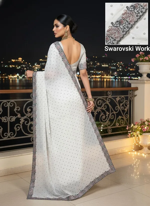 White_Georgette_Swarovski_Embellished_Bollywood_Saree_For_Women_|_With_Blouse_Piece