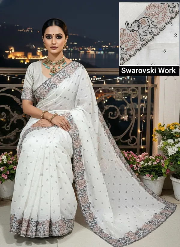 White_Georgette_Swarovski_Embellished_Bollywood_Saree_For_Women_|_With_Blouse_Piece