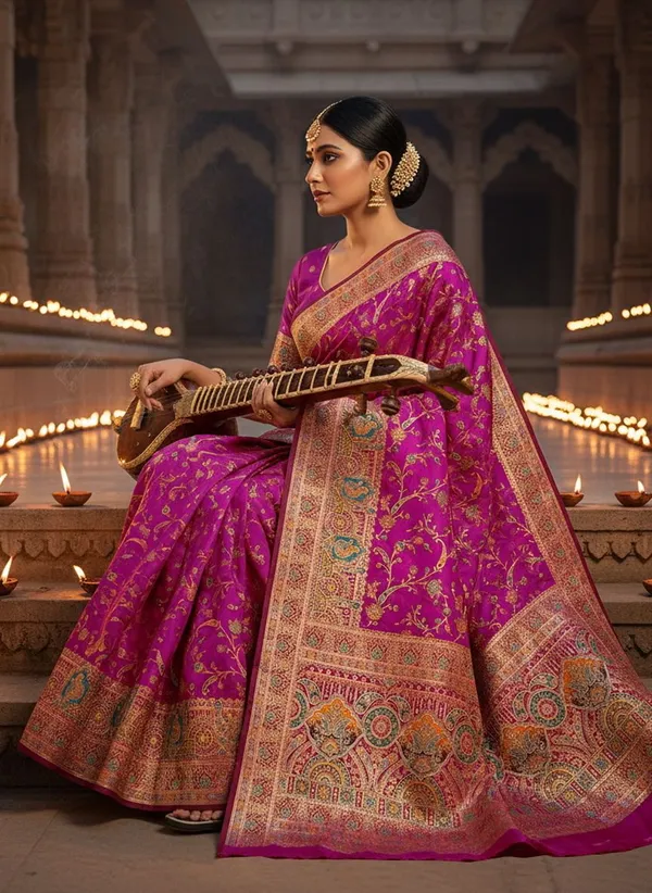 Magenta_Semi_Pashmina_Banarasi_Jacquard_Woven_Saree_For_Women_|_With_Blouse_Piece