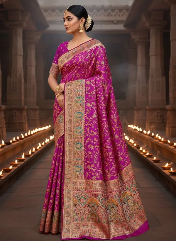 Magenta_Semi_Pashmina_Banarasi_Jacquard_Woven_Saree_For_Women_|_With_Blouse_Piece