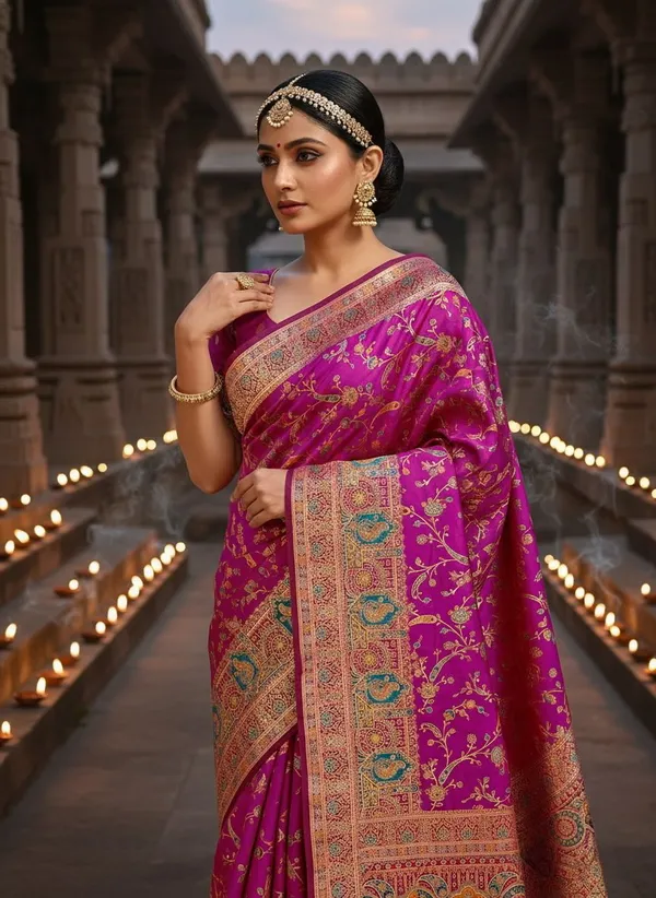 Magenta_Semi_Pashmina_Banarasi_Jacquard_Woven_Saree_For_Women_|_With_Blouse_Piece