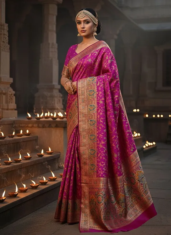 Magenta_Semi_Pashmina_Banarasi_Jacquard_Woven_Saree_For_Women_|_With_Blouse_Piece
