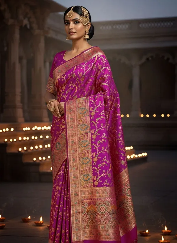 Magenta_Semi_Pashmina_Banarasi_Jacquard_Woven_Saree_For_Women_|_With_Blouse_Piece