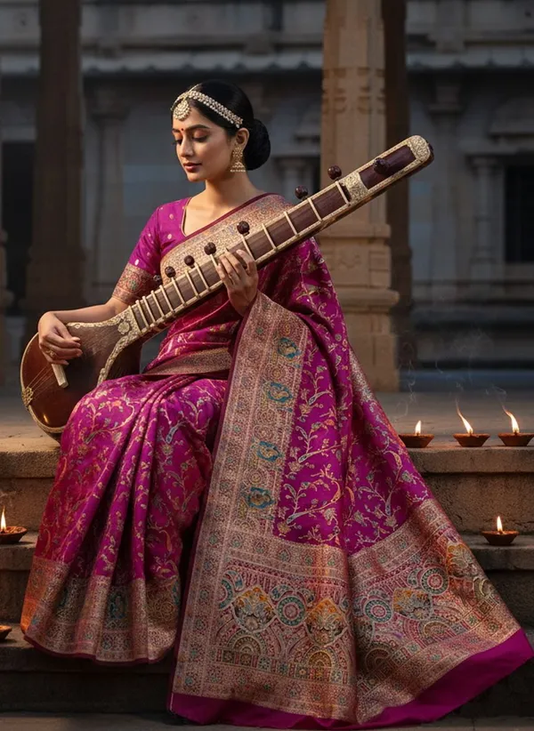 Magenta_Semi_Pashmina_Banarasi_Jacquard_Woven_Saree_For_Women_|_With_Blouse_Piece