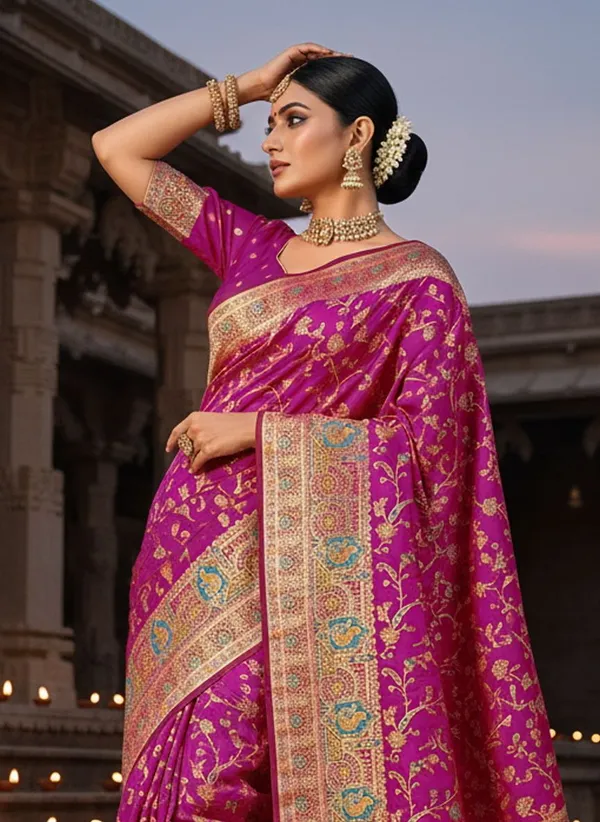 Magenta_Semi_Pashmina_Banarasi_Jacquard_Woven_Saree_For_Women_|_With_Blouse_Piece