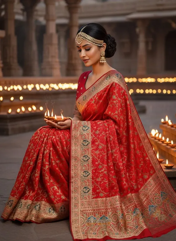 Red_Semi_Pashmina_Banarasi_Jacquard_Woven_Saree_For_Women_|_With_Blouse_Piece