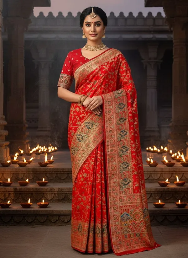 Red_Semi_Pashmina_Banarasi_Jacquard_Woven_Saree_For_Women_|_With_Blouse_Piece