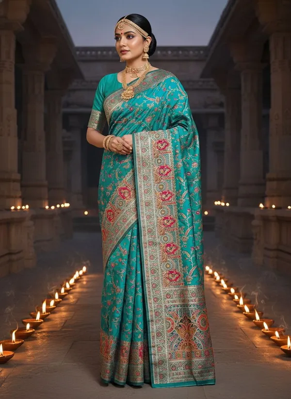 Teal_Semi_Pashmina_Jacquard_Woven_Floral_Zari_Saree_For_Women_|_With_Blouse_Piece
