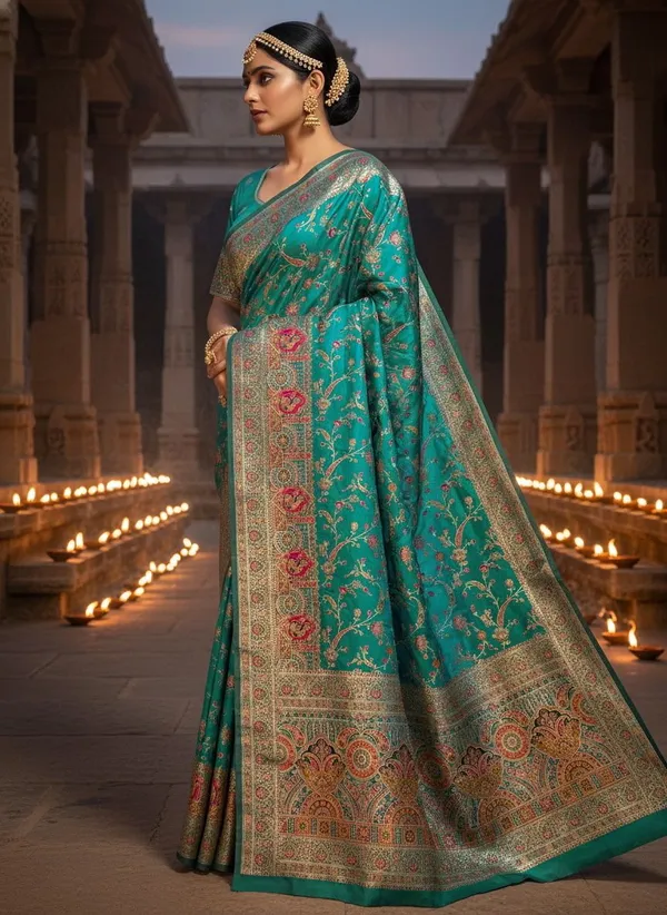 Teal_Semi_Pashmina_Jacquard_Woven_Floral_Zari_Saree_For_Women_|_With_Blouse_Piece