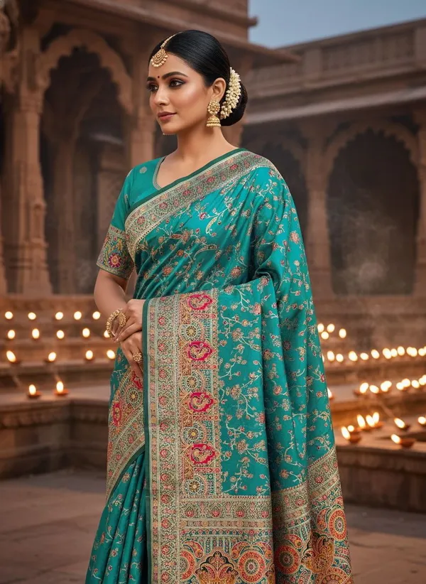 Teal_Semi_Pashmina_Jacquard_Woven_Floral_Zari_Saree_For_Women_|_With_Blouse_Piece