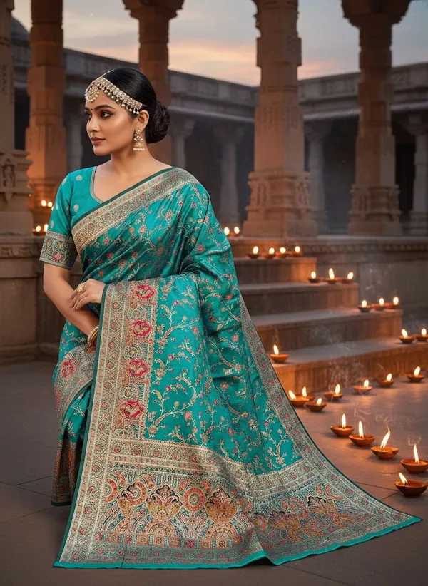 Teal_Semi_Pashmina_Jacquard_Woven_Floral_Zari_Saree_For_Women_|_With_Blouse_Piece