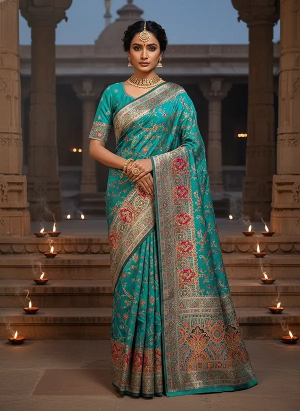 Teal_Semi_Pashmina_Jacquard_Woven_Floral_Zari_Saree_For_Women_|_With_Blouse_Piece