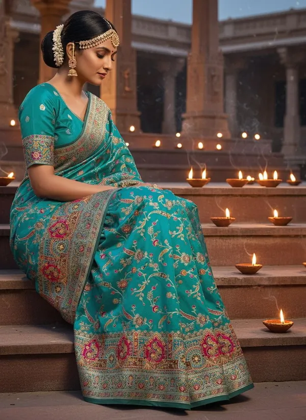 Teal_Semi_Pashmina_Jacquard_Woven_Floral_Zari_Saree_For_Women_|_With_Blouse_Piece