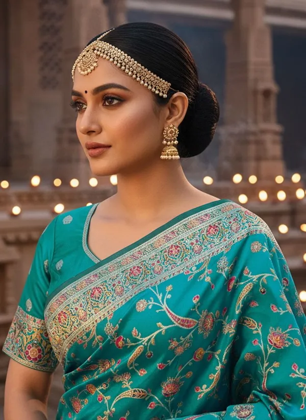 Teal_Semi_Pashmina_Jacquard_Woven_Floral_Zari_Saree_For_Women_|_With_Blouse_Piece