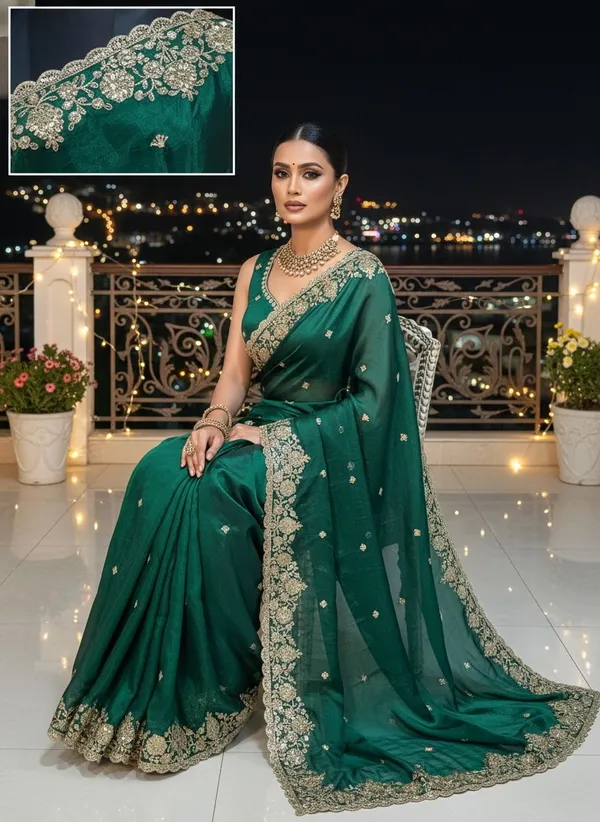 Dark_Green_Satin_Embroidered_Embellished_Saree_For_Women_|_With_Blouse_Piece