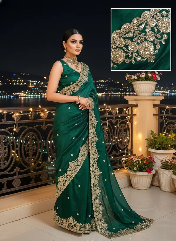 Dark_Green_Satin_Embroidered_Embellished_Saree_For_Women_|_With_Blouse_Piece