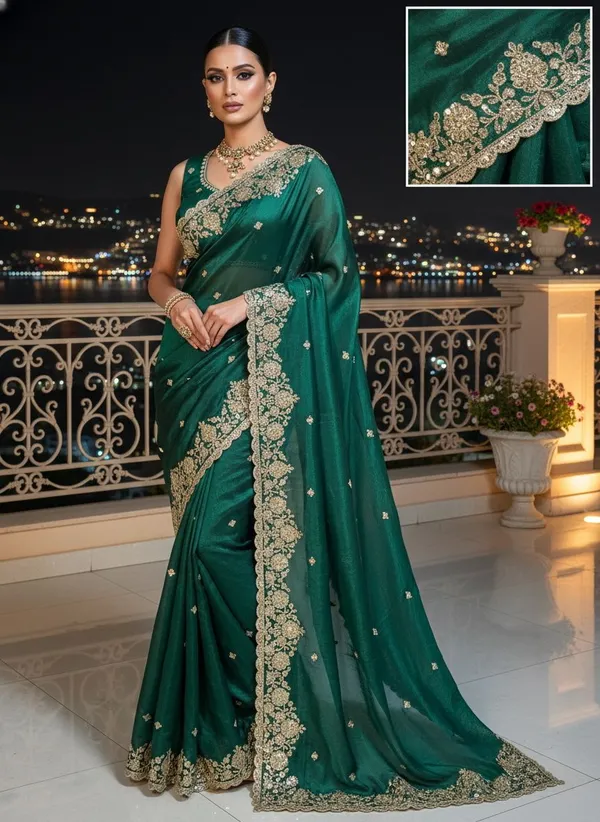 Dark_Green_Satin_Embroidered_Embellished_Saree_For_Women_|_With_Blouse_Piece