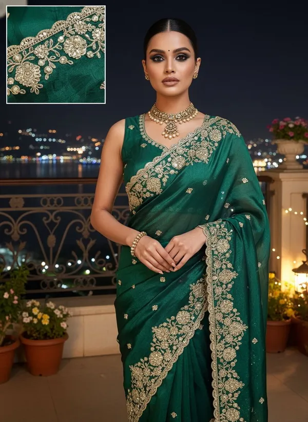 Dark_Green_Satin_Embroidered_Embellished_Saree_For_Women_|_With_Blouse_Piece