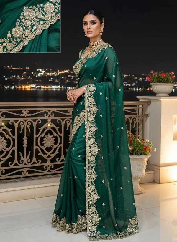 Dark_Green_Satin_Embroidered_Embellished_Saree_For_Women_|_With_Blouse_Piece