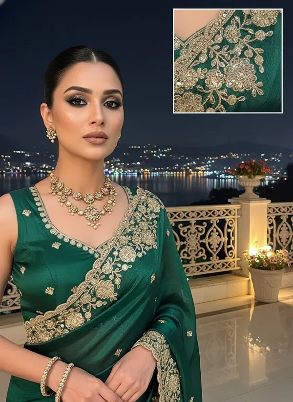 Dark_Green_Satin_Embroidered_Embellished_Saree_For_Women_|_With_Blouse_Piece