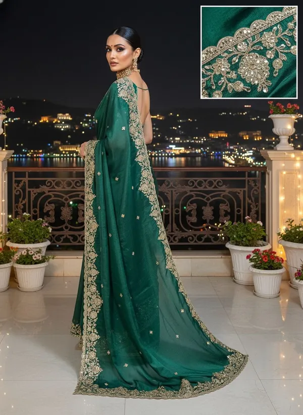 Dark_Green_Satin_Embroidered_Embellished_Saree_For_Women_|_With_Blouse_Piece