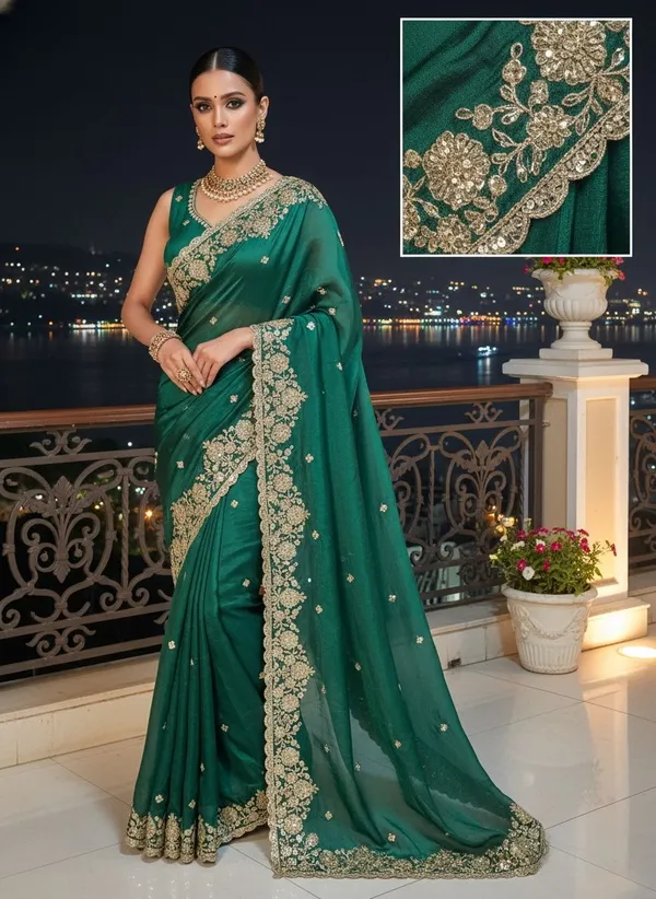 Dark_Green_Satin_Embroidered_Embellished_Saree_For_Women_|_With_Blouse_Piece