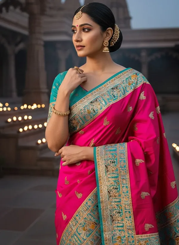 Pink_Semi_Pashmina_Banarasi_Jacquard_Woven_Saree_For_Women_|_With_Blouse_Piece