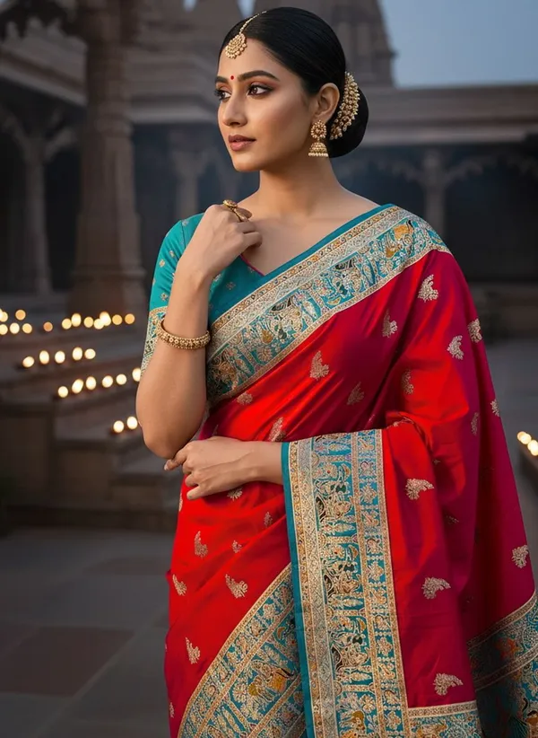 Sariya_Red_Semi_Pashmina_Jacquard_Woven_Saree_For_Women_|_With_Blouse_Piece