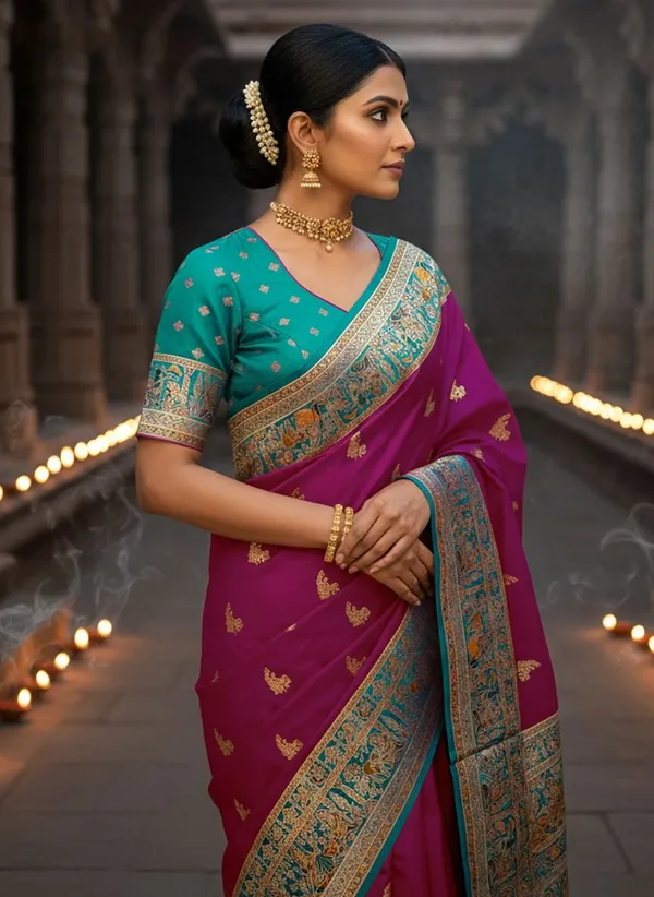 Magenta_Semi_Pashmina_Jacquard_Woven_Banarasi_Saree_For_Women_|_With_Blouse_Piece